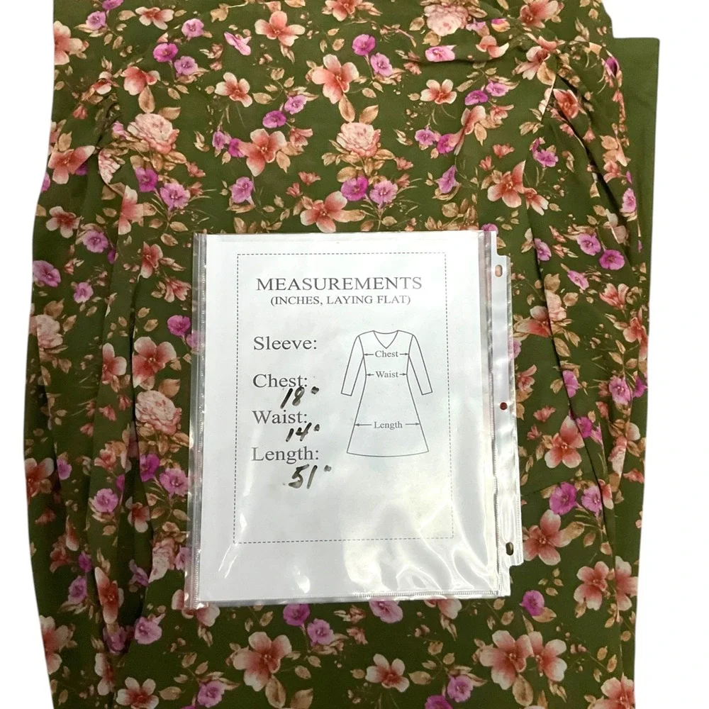 F21‎ Womens Olive Green Floral Open Back Tie Maxi Dress SZ  M Puff Sleeve NWT